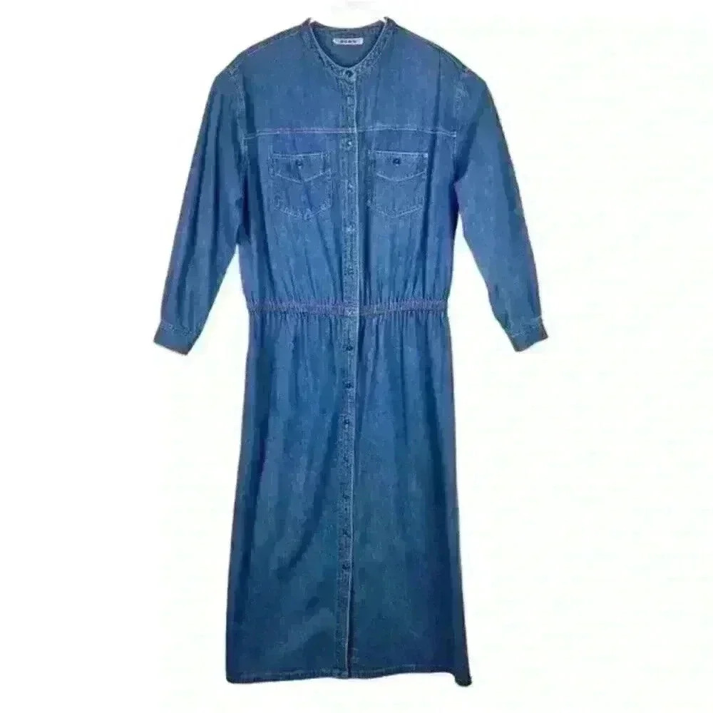 Vtg Womens FADS Denim Button Front Prairie Shirt Dress Band Collar Long Sleeves